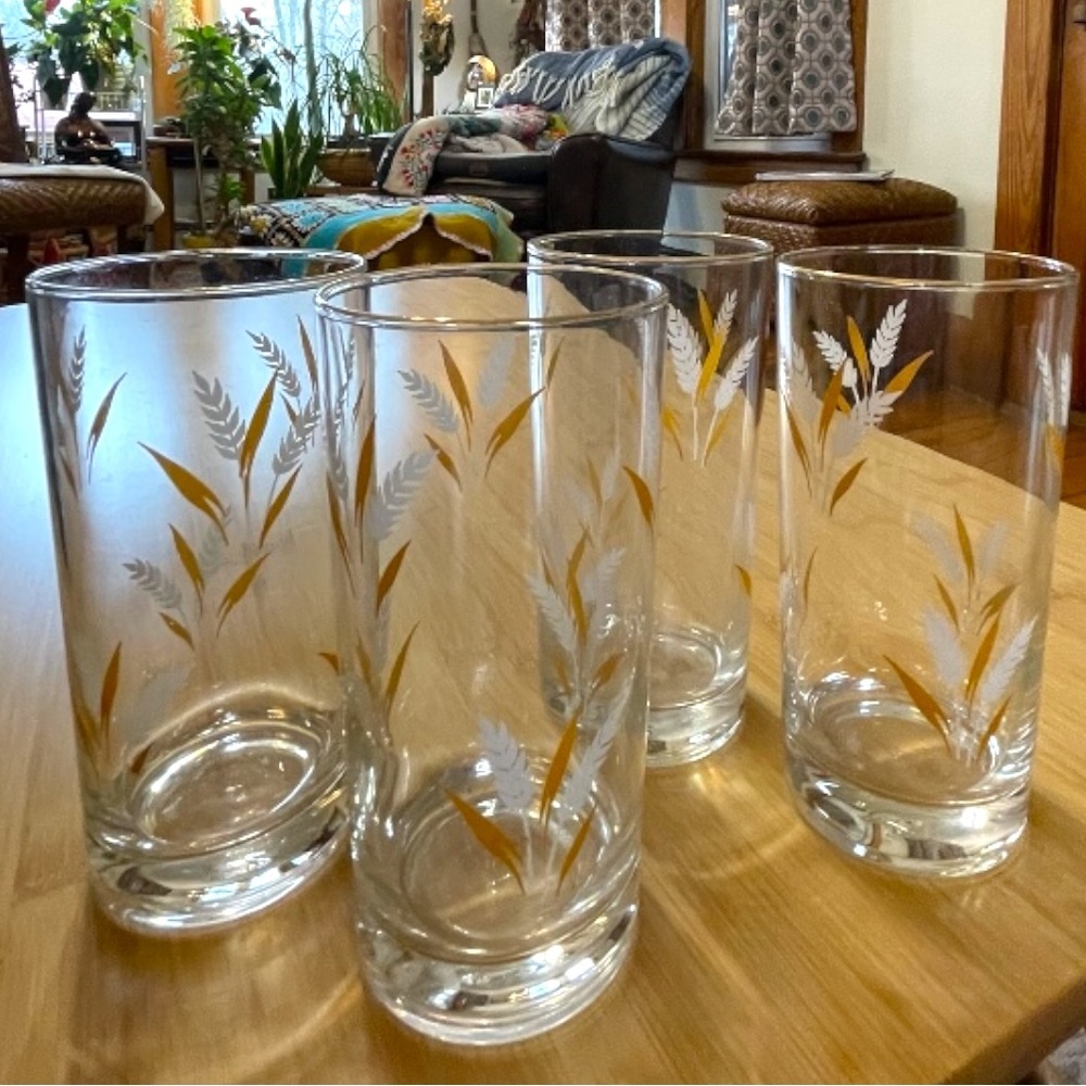 Libbey wheat spray highball glasses, set of 4, gold rim, vintage, mid-century